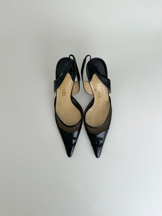 Chanel Black Mesh Logo Slingback 39.5