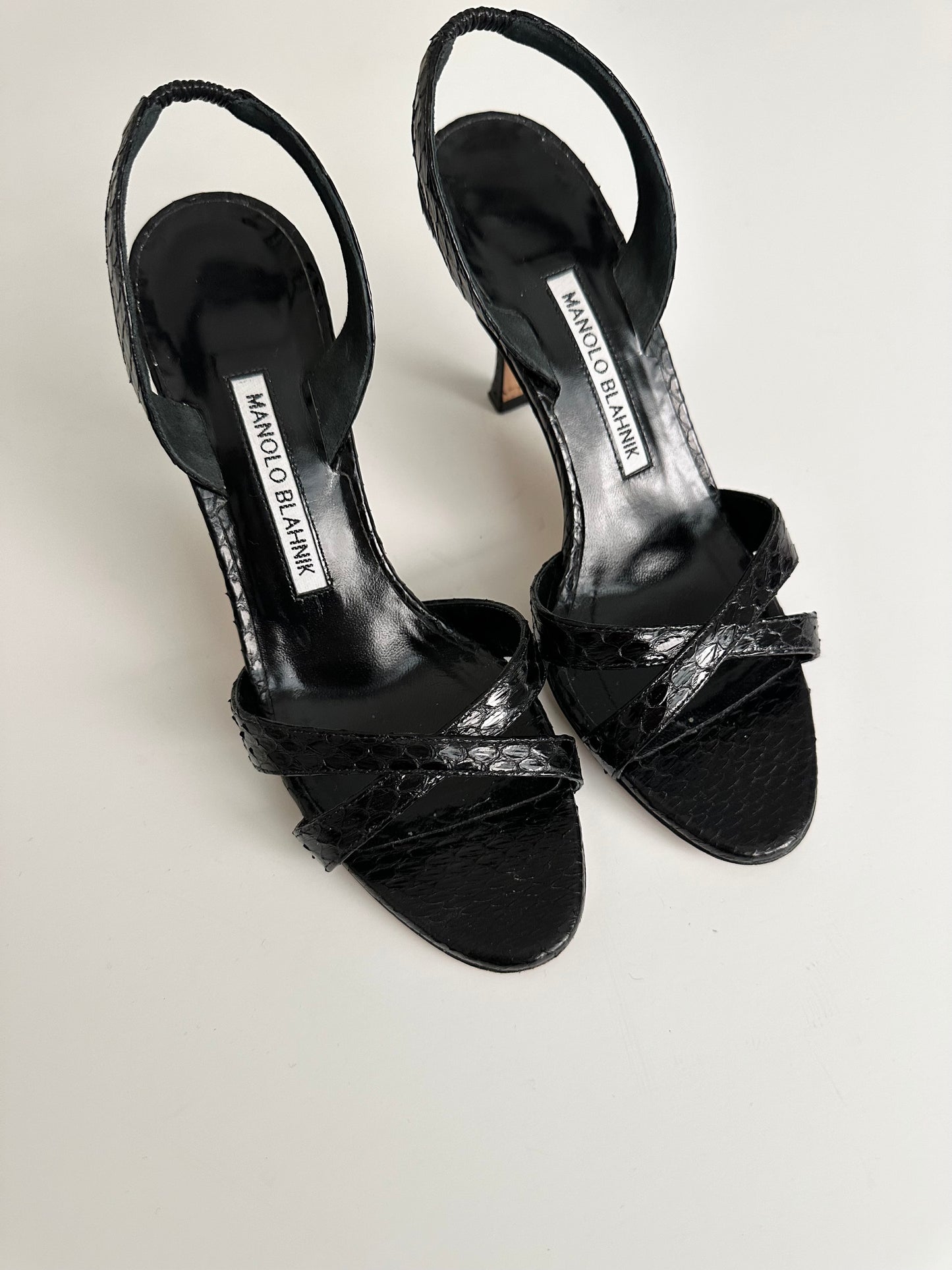 Manolo Blahnik Black Callasli Snakeskin Slingback 37