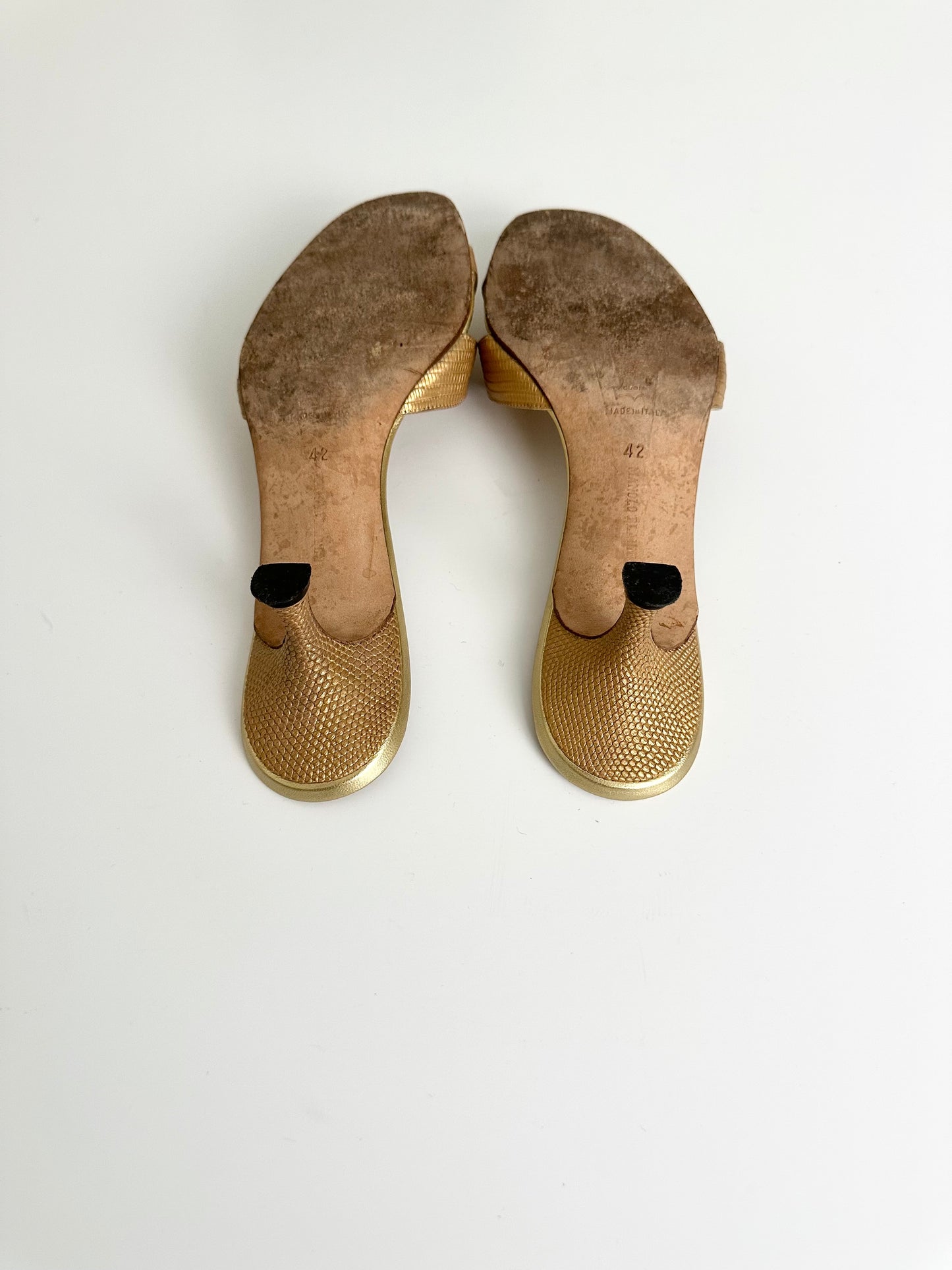 Manolo Blahnik Gold Lizard Callamu Mules 42