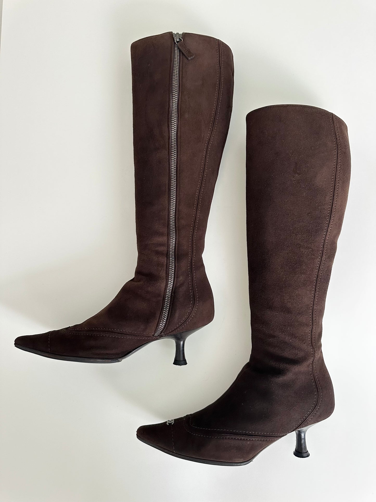 Chanel Brown Suede Logo Boots 34.5