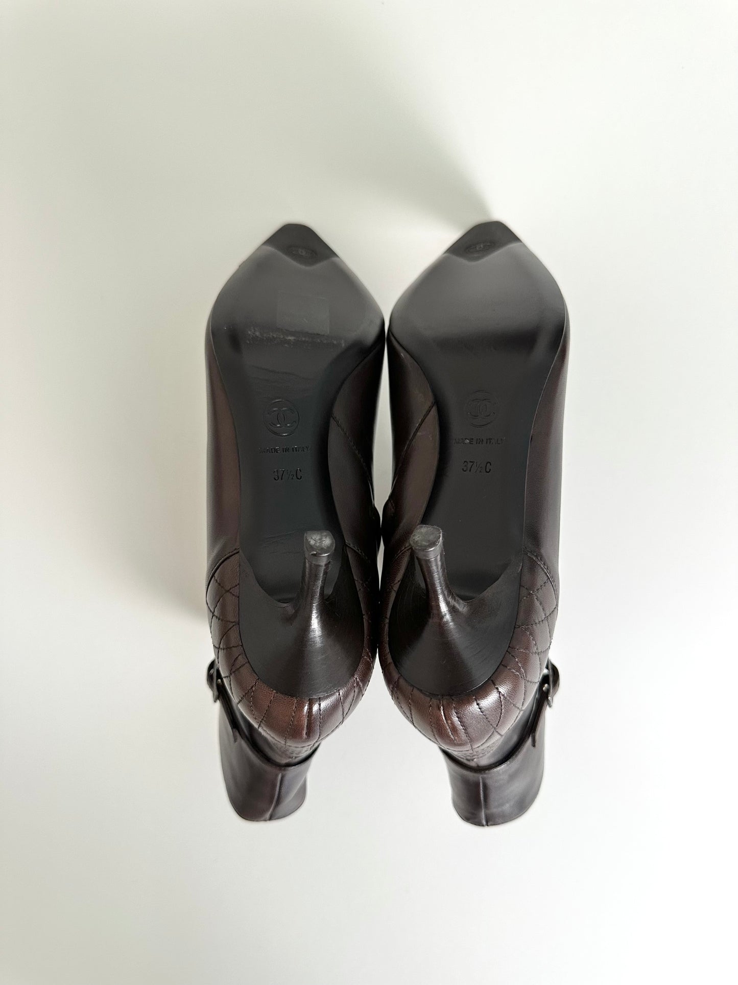 Chanel Brown Quilted Leather Ankle Boots 37.5