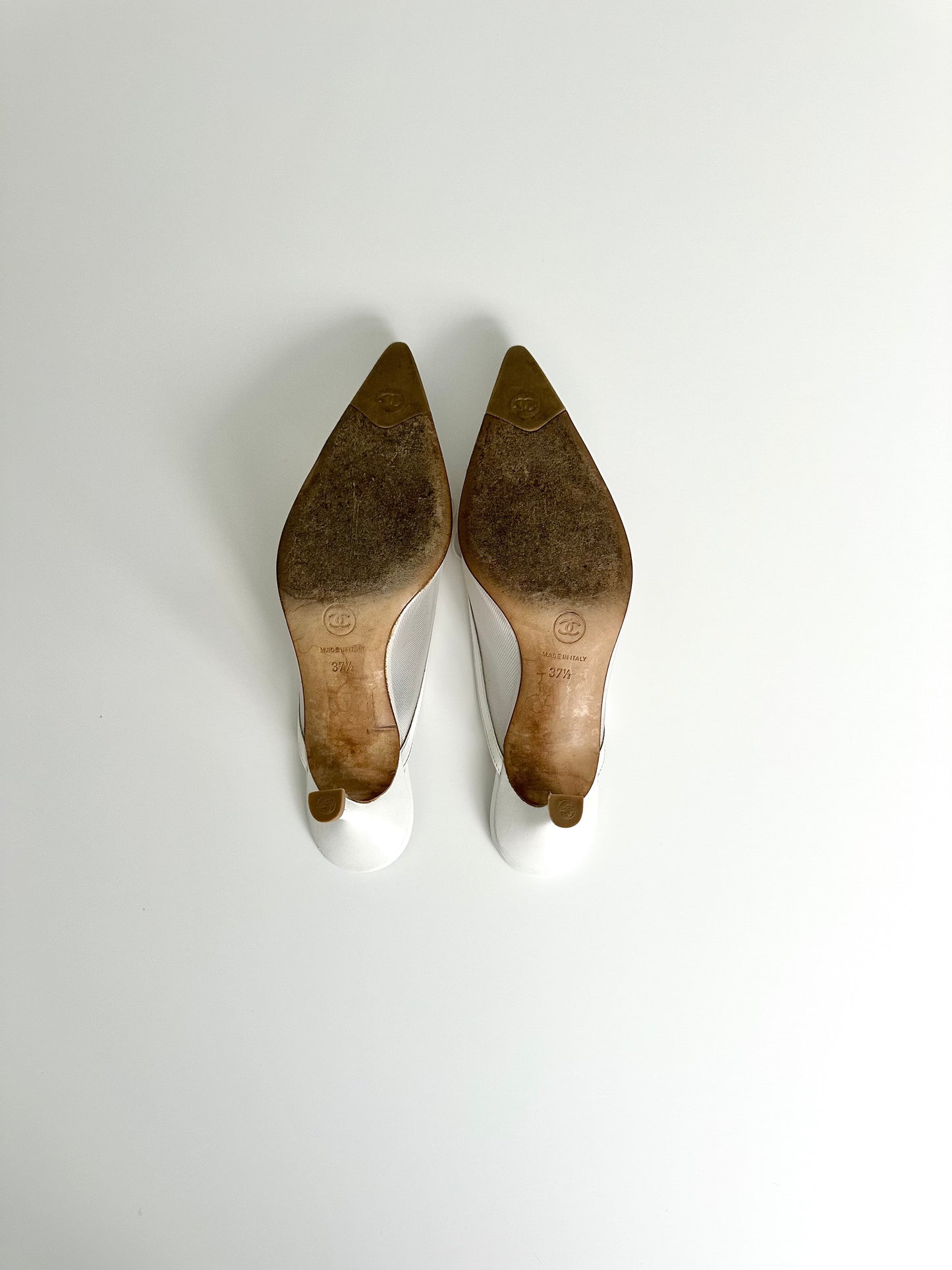 Chanel White Mesh Logo Mules 37.5