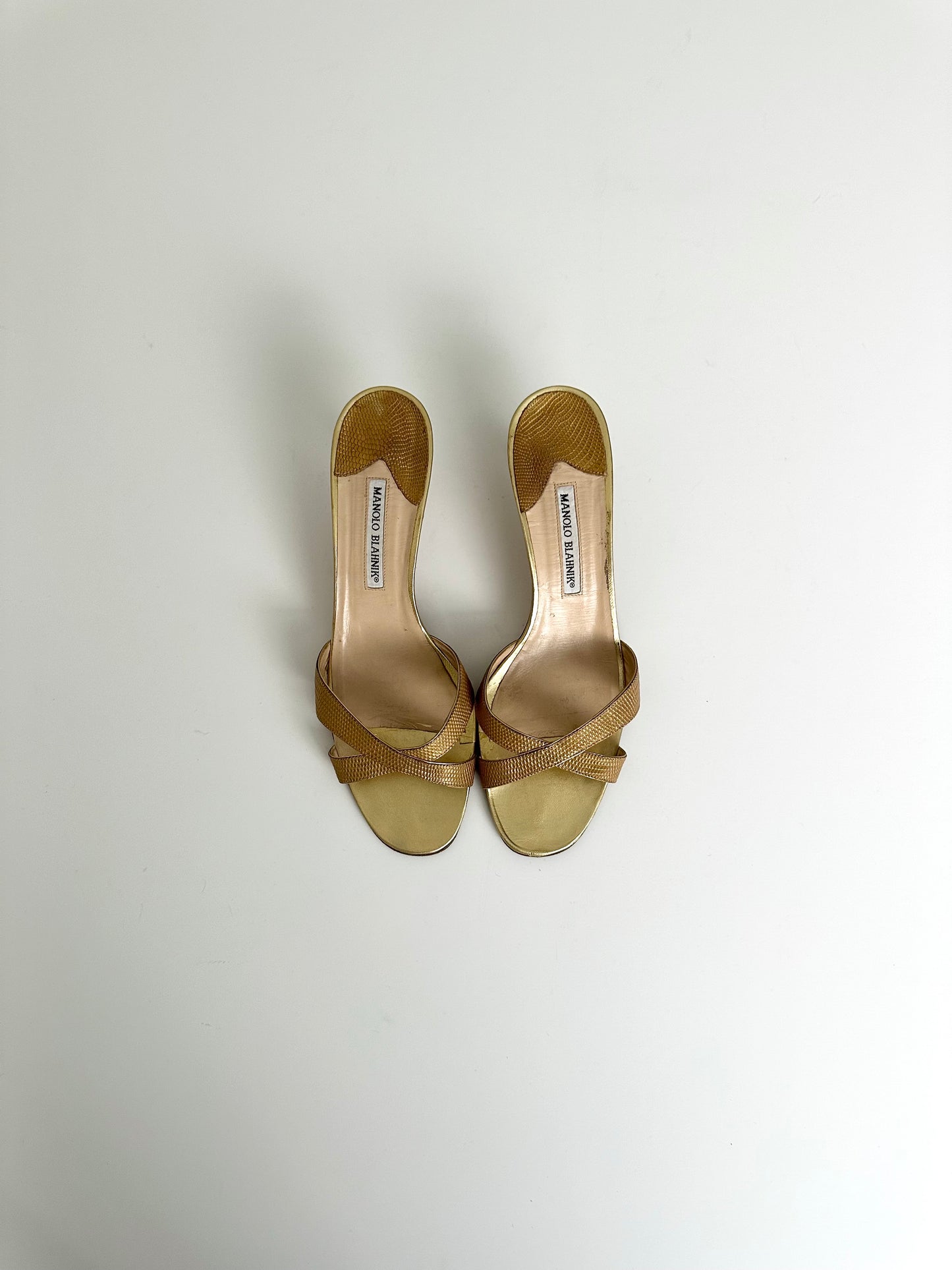 Manolo Blahnik Gold Lizard Callamu Mules 42