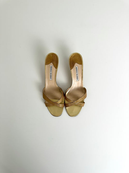 Manolo Blahnik Gold Lizard Callamu Mules 42