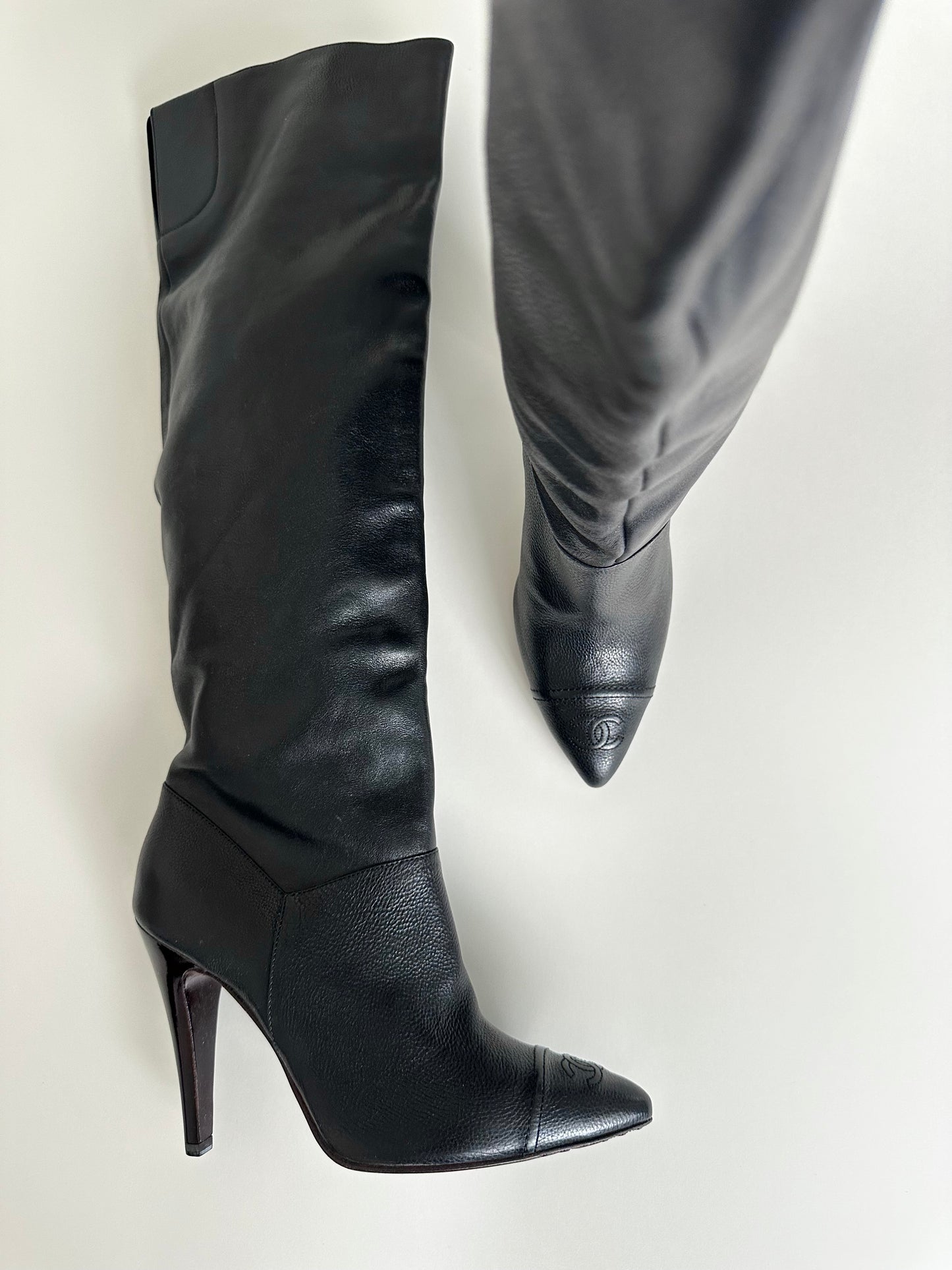 Chanel Black Leather Logo Boots 37