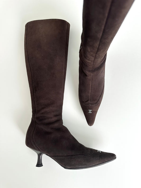 Chanel Brown Suede Logo Boots 34.5