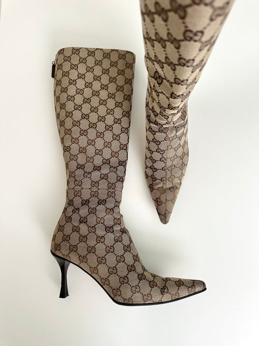Gucci Beige Monogram Boots US 7.5