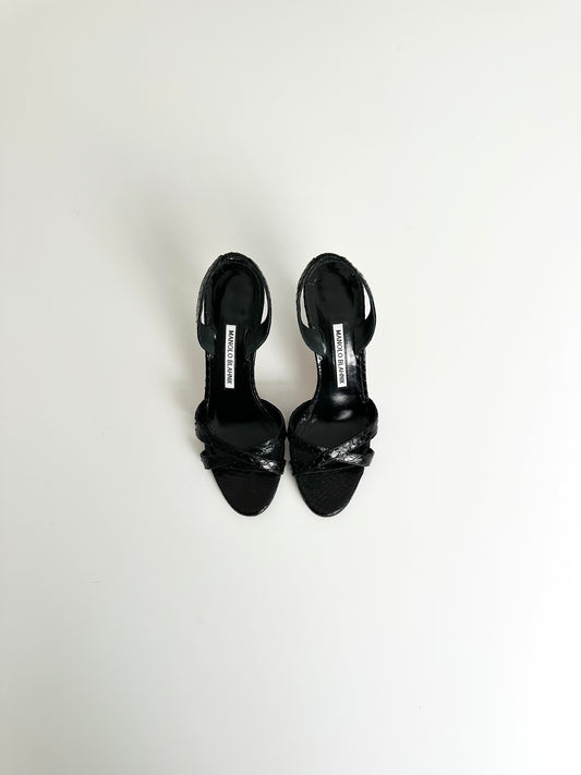 Manolo Blahnik Black Callasli Snakeskin Slingback 37