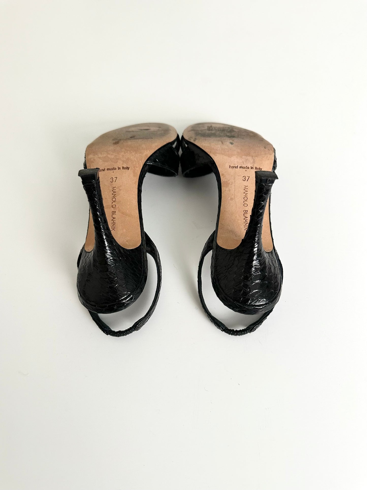 Manolo Blahnik Black Callasli Snakeskin Slingback 37