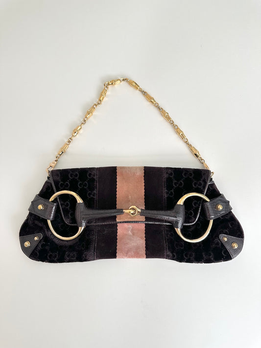Gucci Purple Monogram Velvet Lizard 1955 Horsebit Bag
