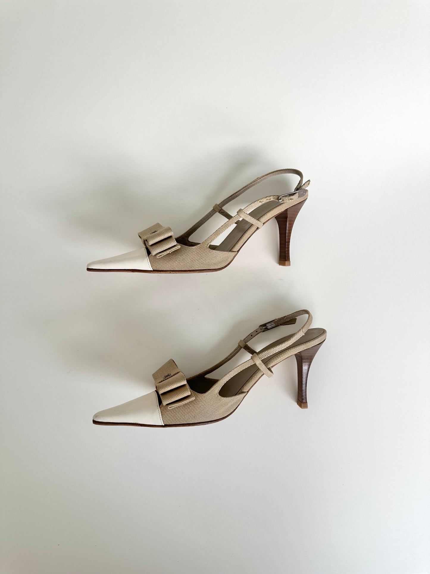 Chanel Beige Linen Bow Slingbacks 38