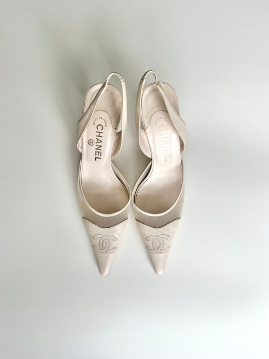 Chanel Ivory Mesh Logo Slingback 39