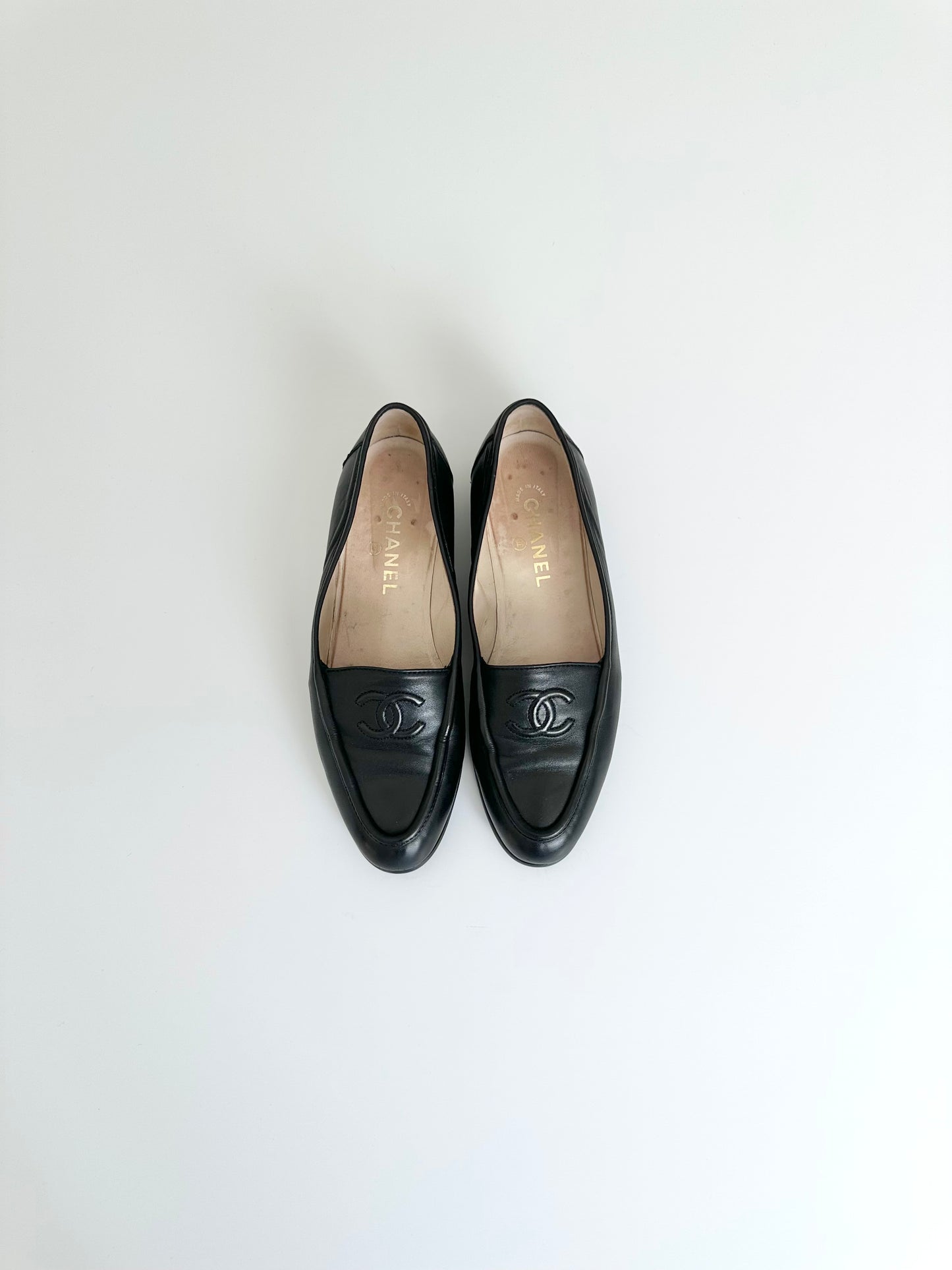 Chanel Black Leather Logo Loafers 40