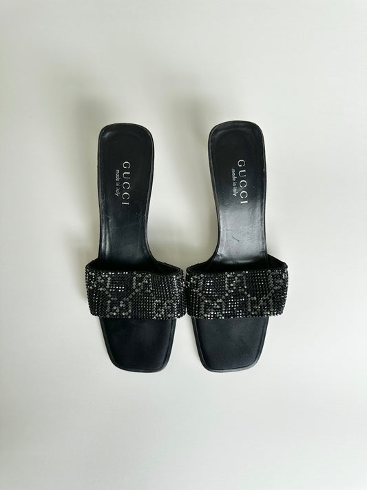 Gucci 1998 Black Crystal Monogram Sandals 37