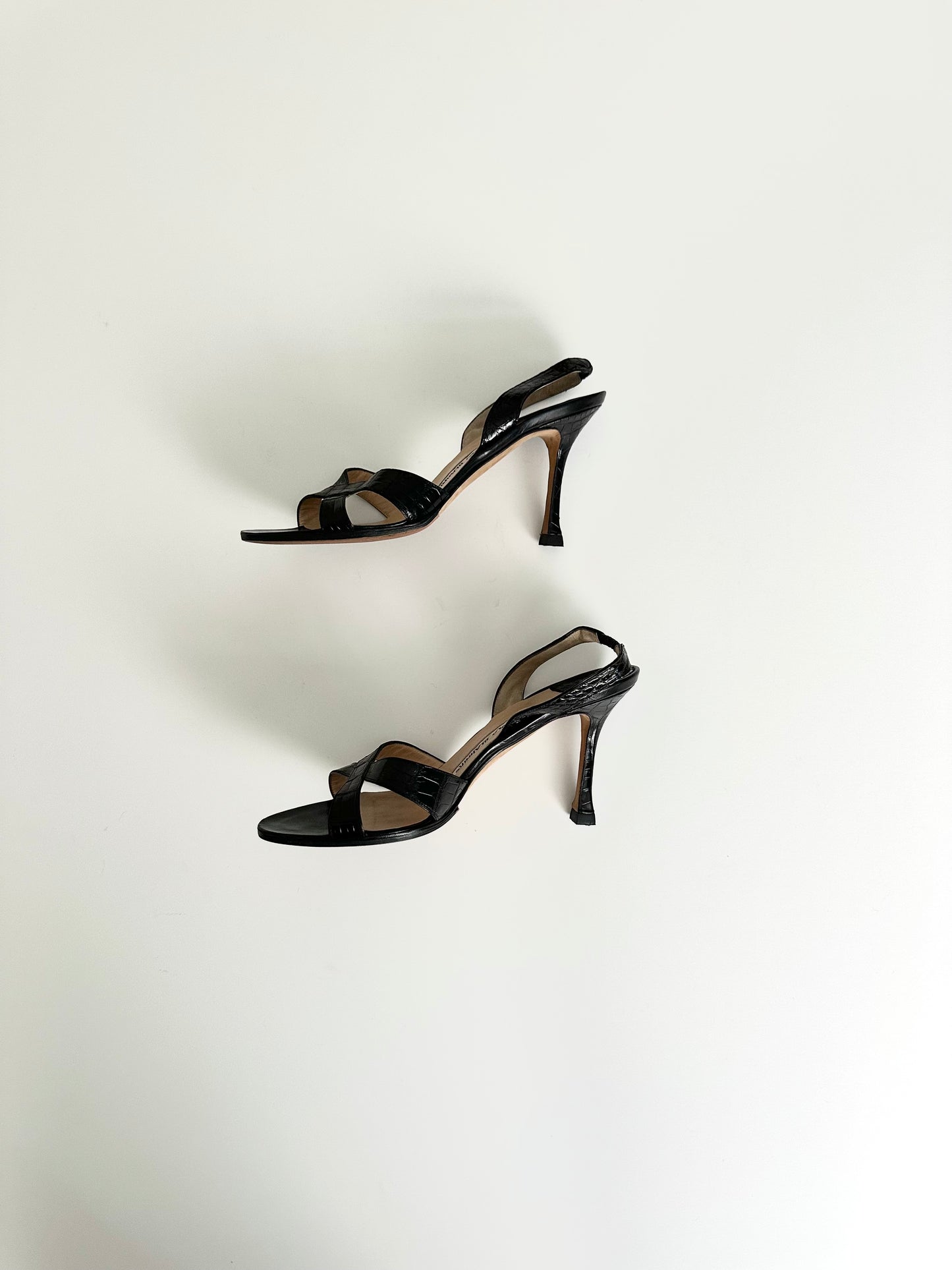Manolo Blahnik Black Croc Callasli Slingback 37.5