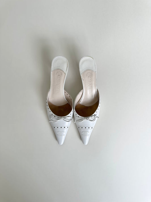 Chanel White Logo Bow Mules 36.5