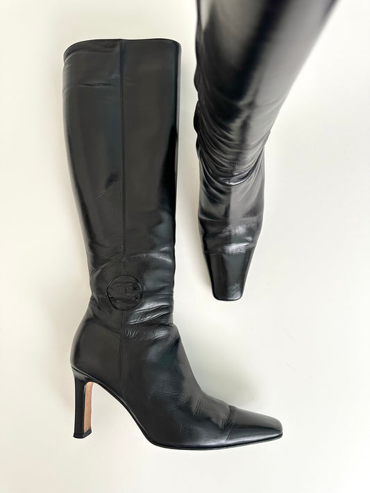 Chanel Black Leather Logo Boots 37