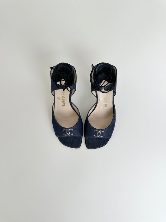 Chanel Denim Ankle Tie Sandals 37