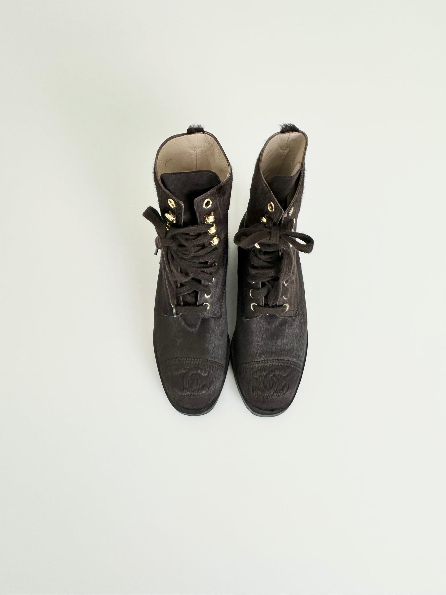 Chanel Brown Pony Hair Combat Boots 35.5