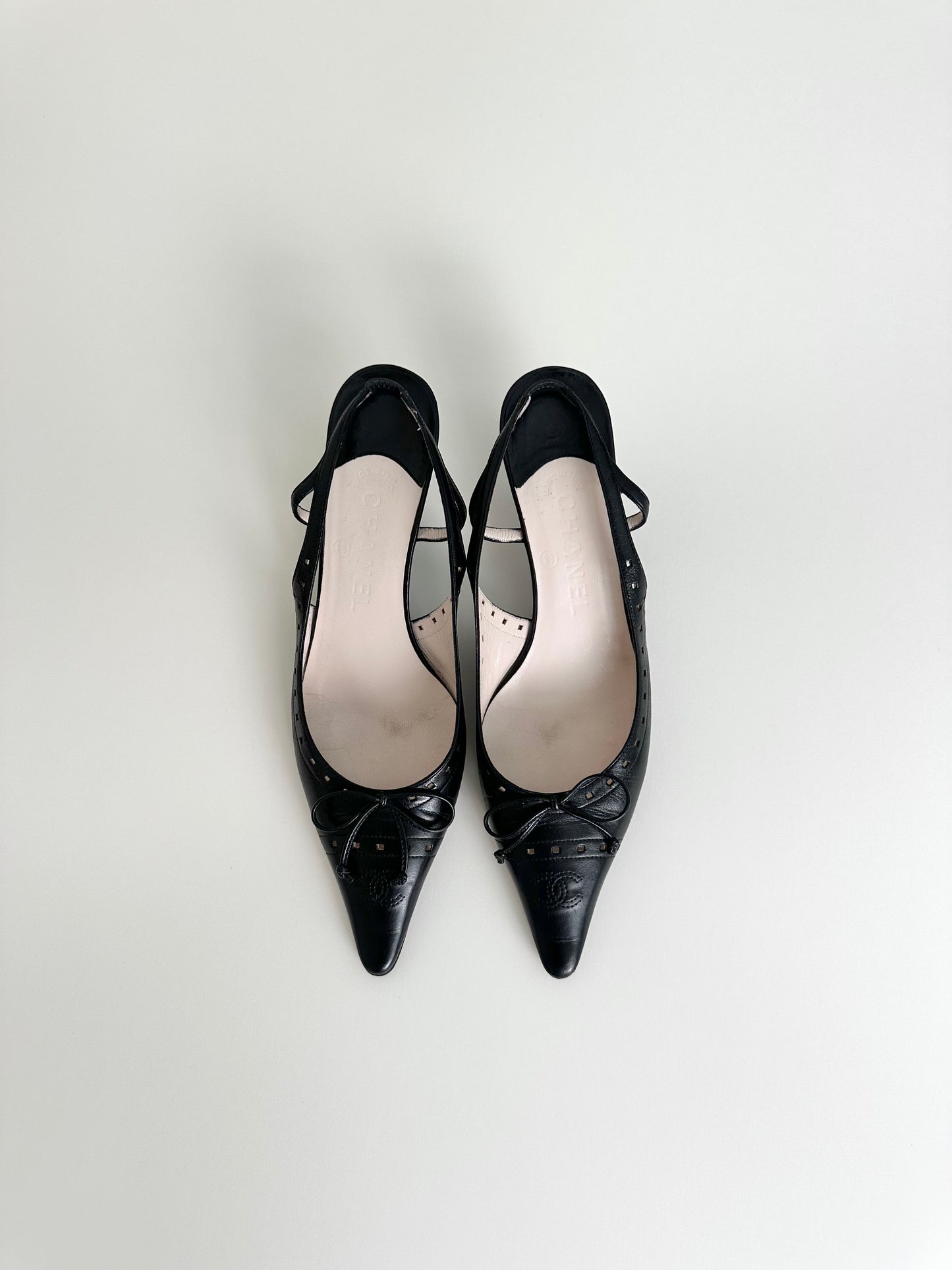 Chanel Black Leather Logo Slingbacks 37.5