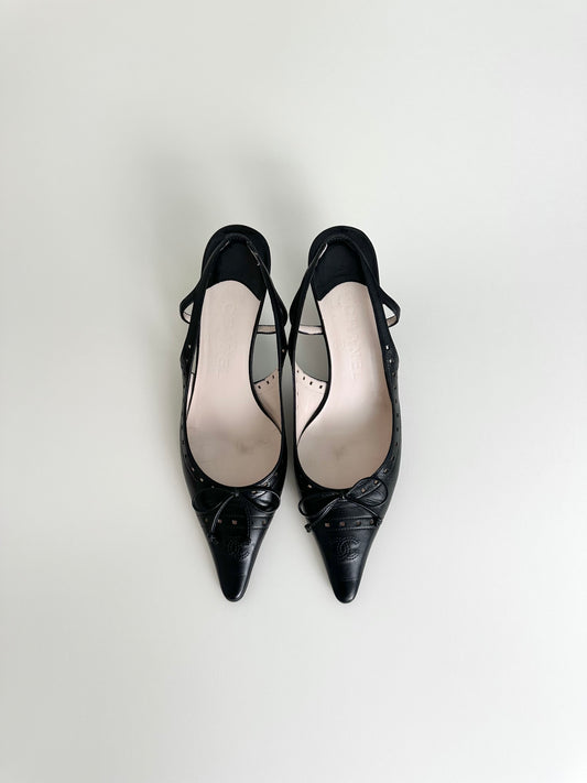 Chanel Black Leather Logo Slingbacks 37.5