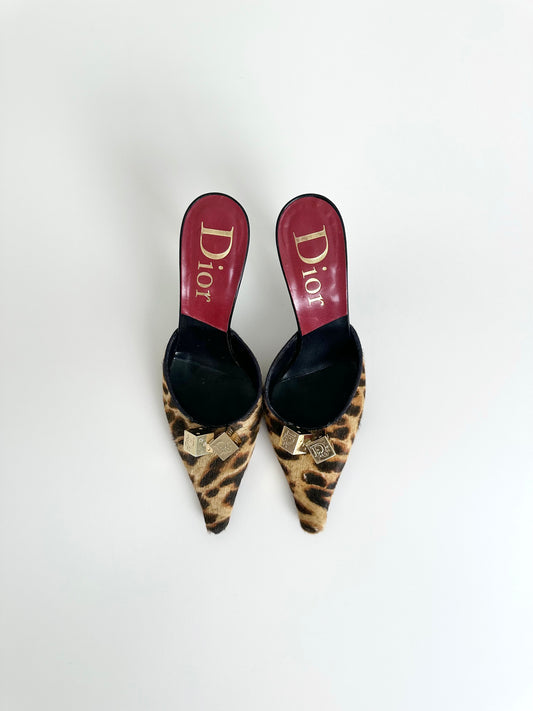 Dior Leopard Pony Hair Gambler Mules 37.5