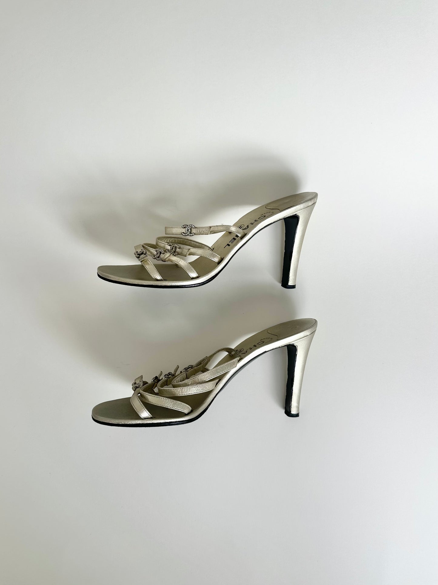 Chanel Gold Rhinestone Logo Sandals 40
