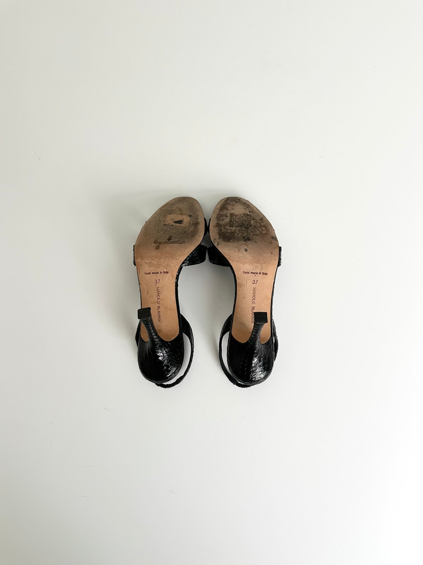 Manolo Blahnik Black Callasli Snakeskin Slingback 37