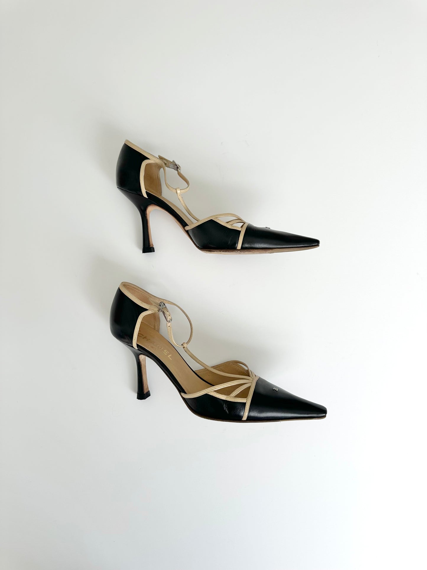 Chanel Black/Beige T-Strap Heels 39