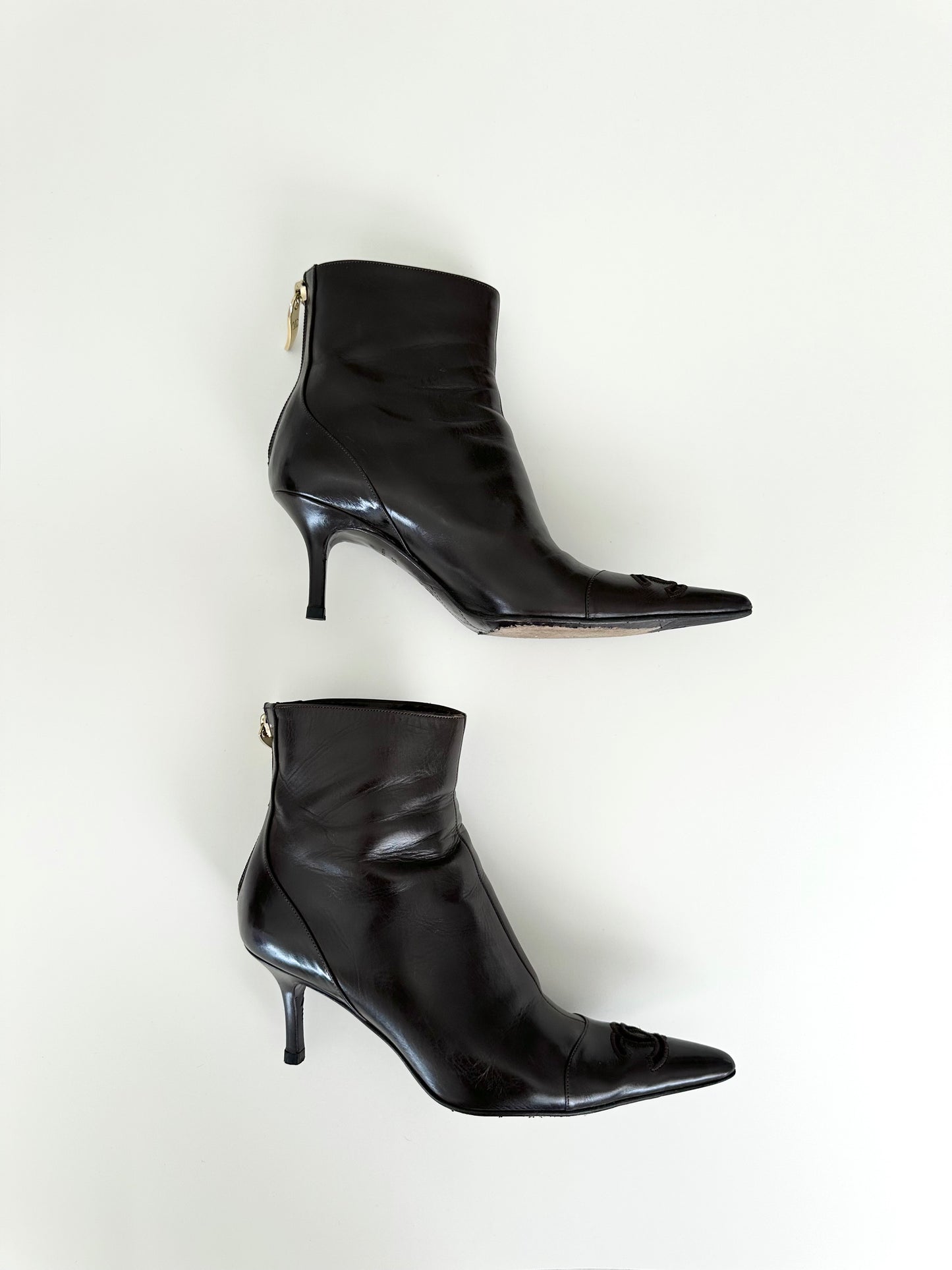 Chanel Brown Leather Logo Ankle Boots 37