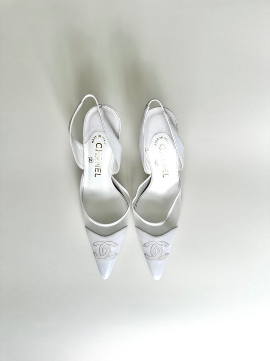 Chanel White Mesh Logo Slingback 36