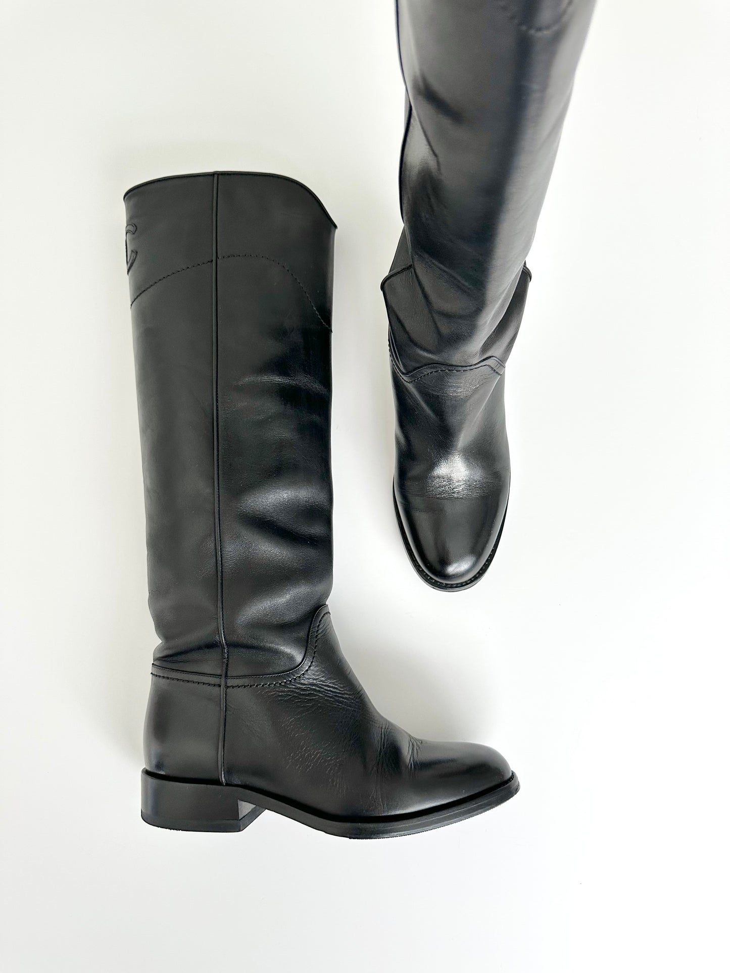 Chanel Black Leather Logo Riding Boots 36