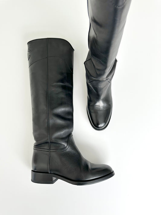 Chanel Black Leather Logo Riding Boots 36