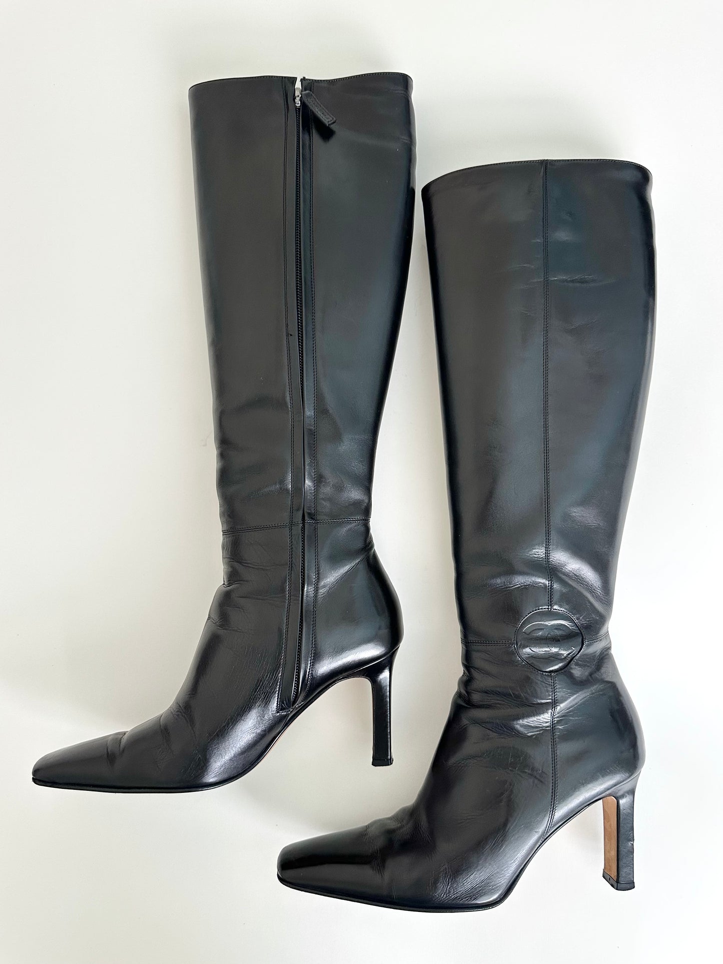 Chanel Black Leather Logo Boots 37