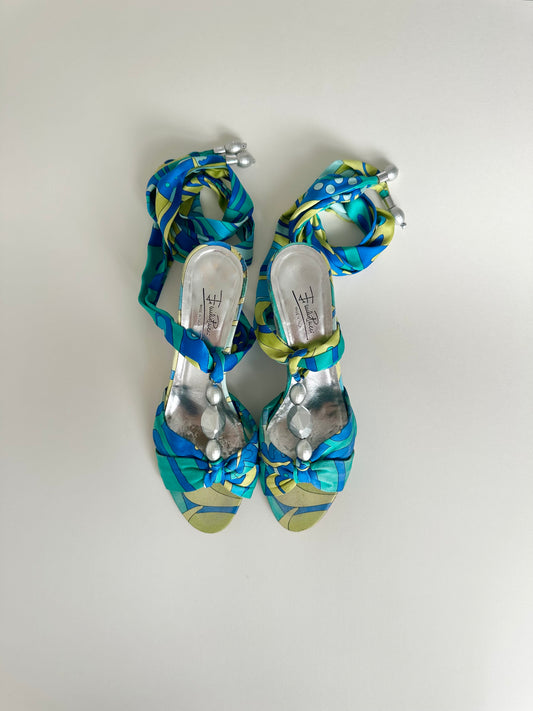 Pucci Multicolor Satin Beaded Ankle Wrap Wedge 38