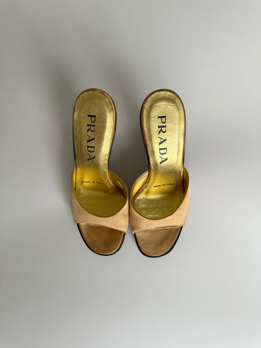 Prada 1998 Yellow Satin Lucite Wedges 35.5