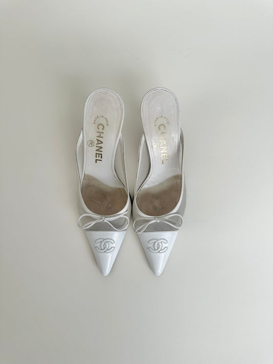 Chanel White Mesh Bow Mules 35