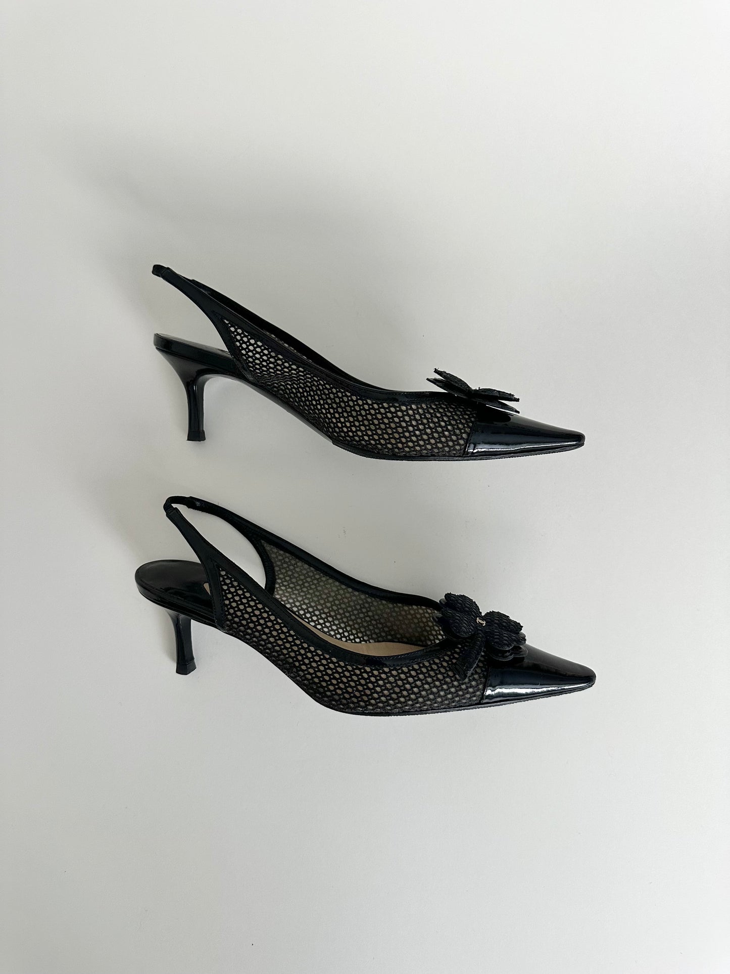 Chanel Black Mesh Clover Slingbacks 36