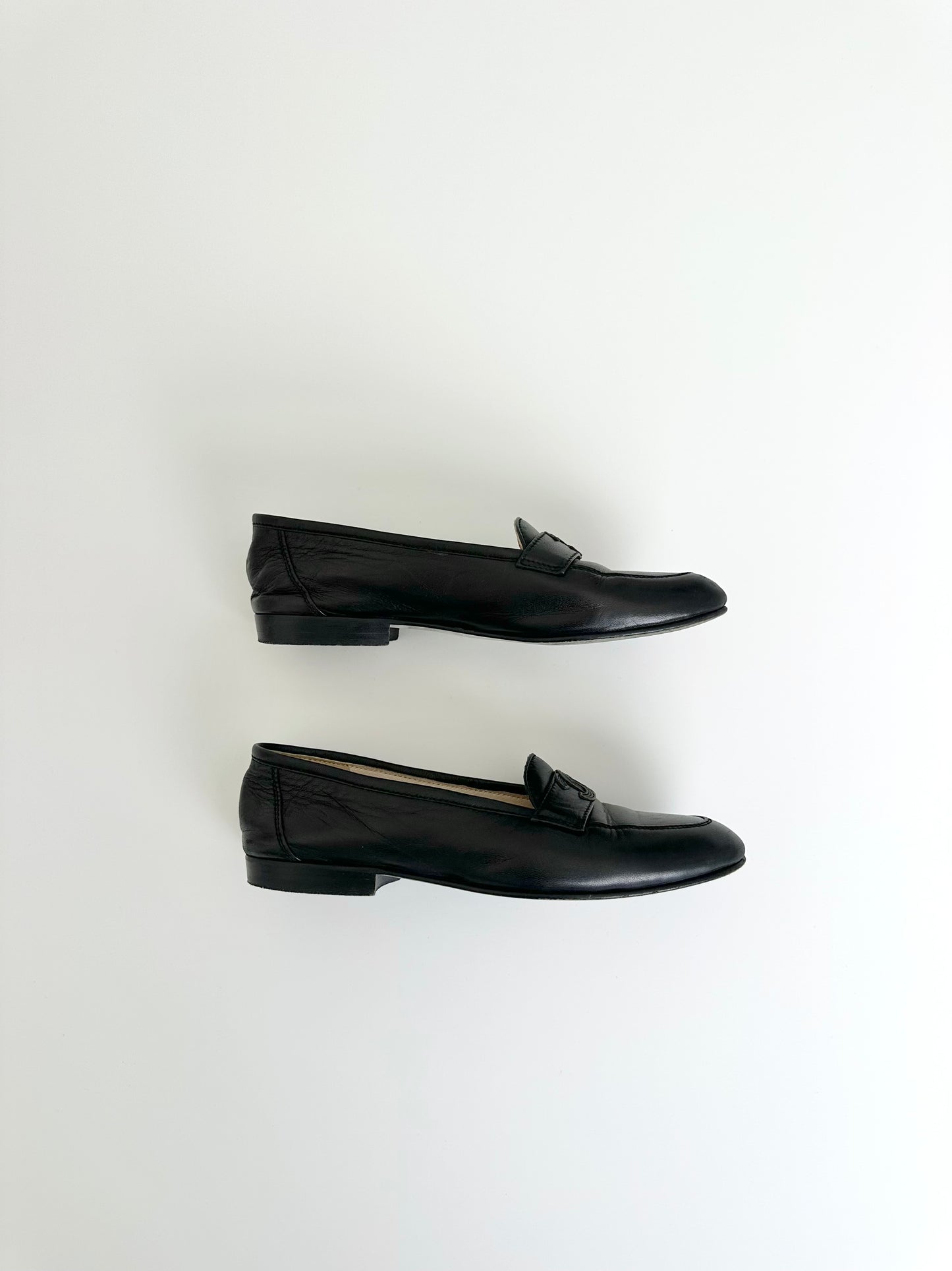 Chanel Black Leather Logo Loafers 37