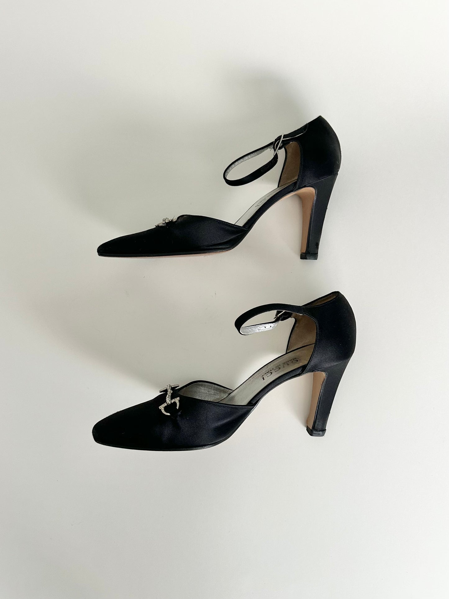 Gucci Black Satin Rhinestone Horsebit Heels US 8
