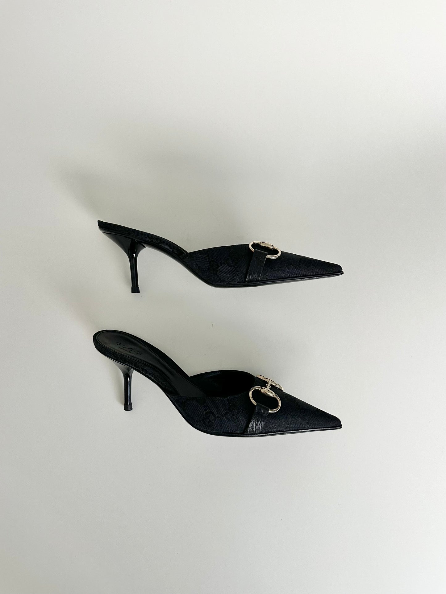 Gucci Black Monogram Horsebit Mules US 5.5