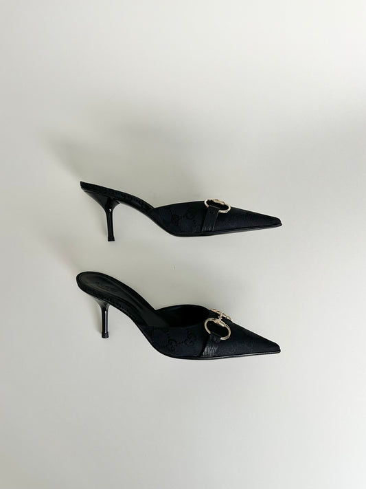 Gucci Black Monogram Horsebit Mules US 5.5