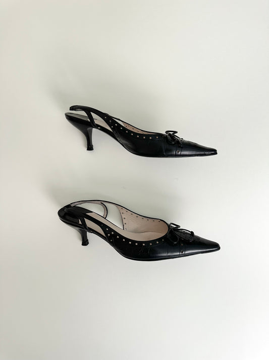 Chanel Black Leather Logo Slingbacks 37.5