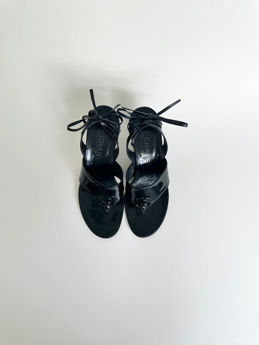 Chanel Black Turnlock Tie Up Sandals 37