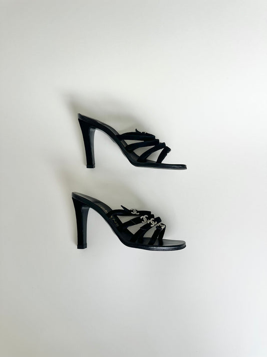 Chanel Black Rhinestone Logo Sandals 35