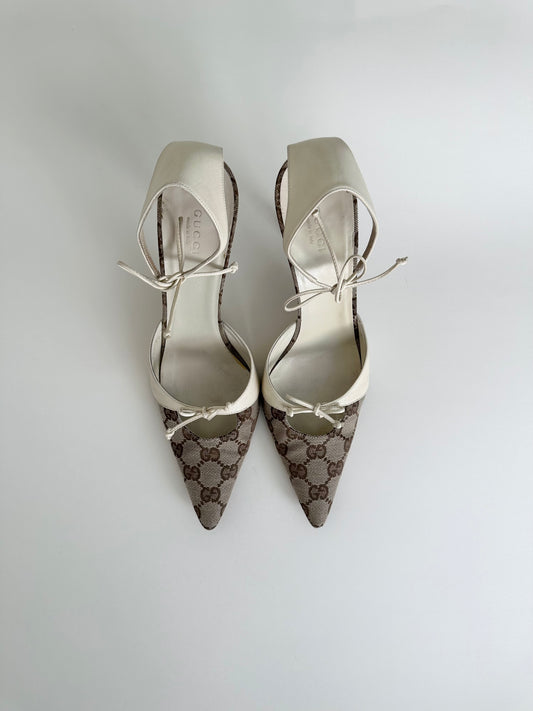 Gucci Ivory Monogram Ankle Tie Pumps 39