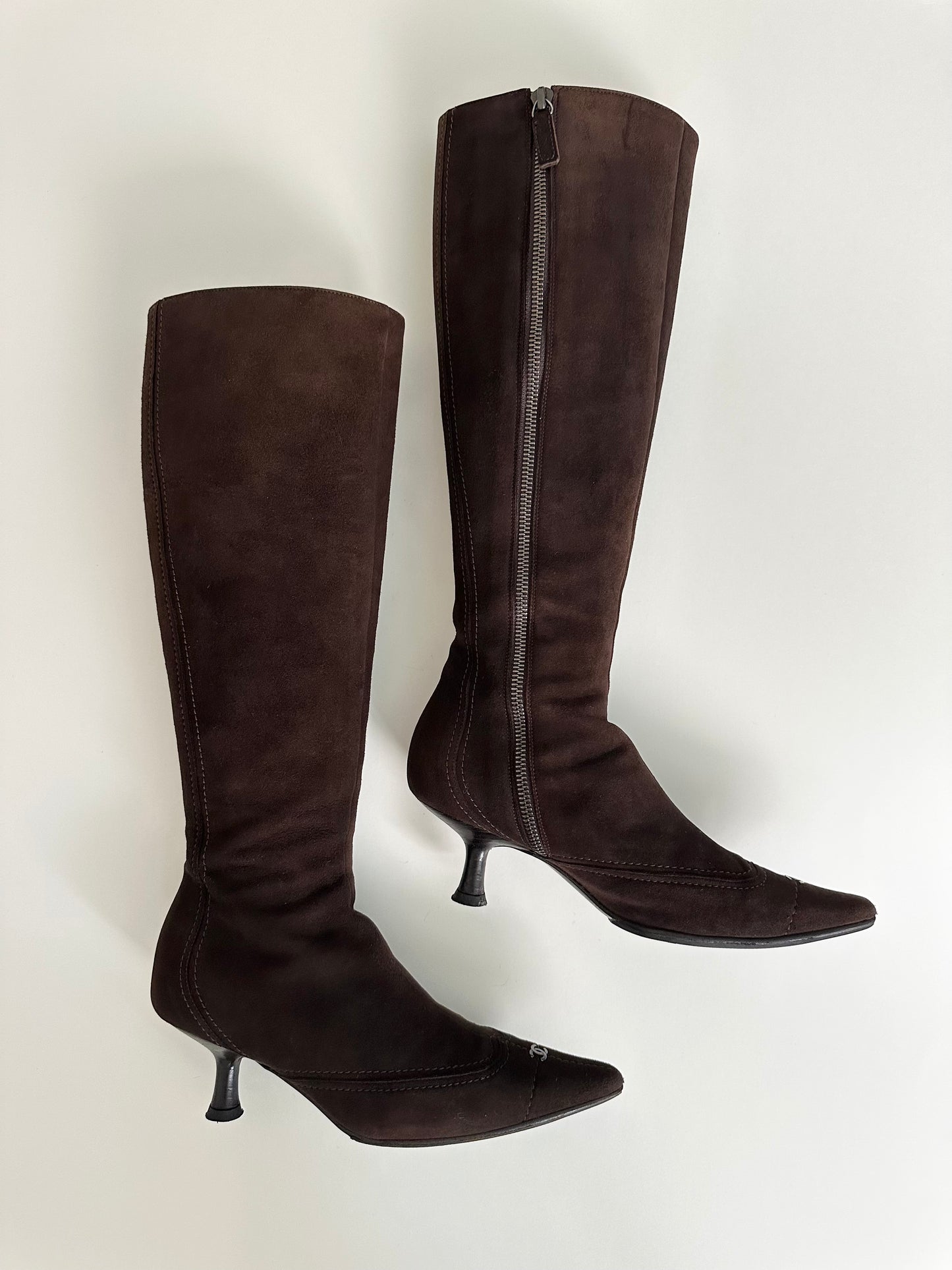 Chanel Brown Suede Logo Boots 34.5