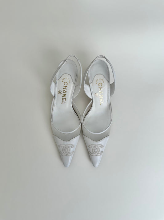 Chanel White Mesh Logo Slingback 35