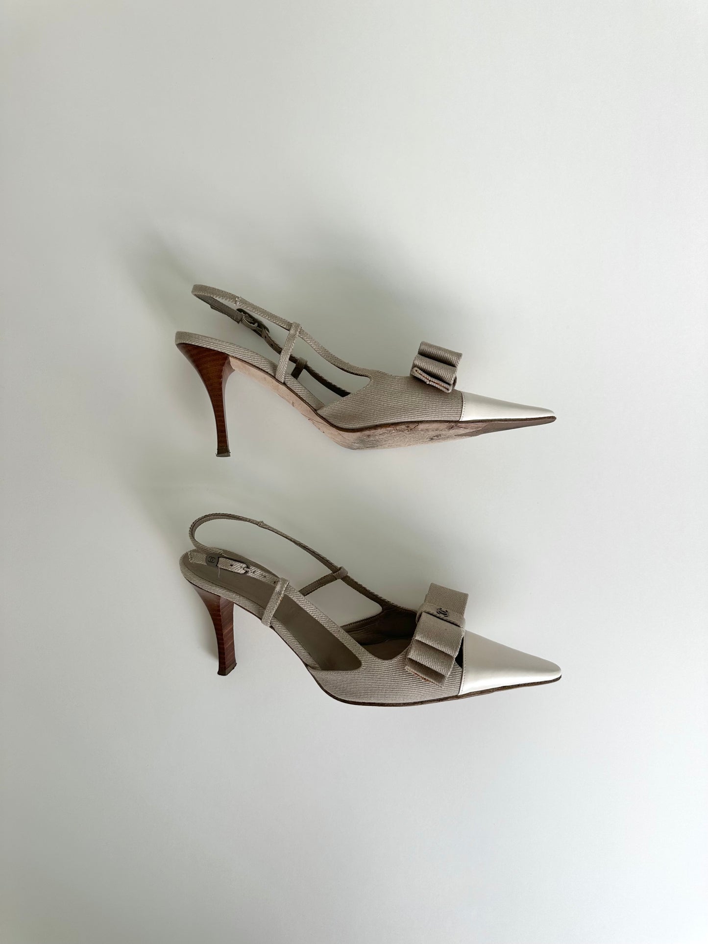 Chanel Beige Linen Bow Slingbacks 38