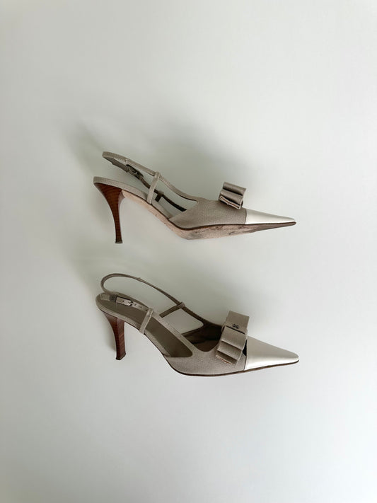 Chanel Beige Linen Bow Slingbacks 38